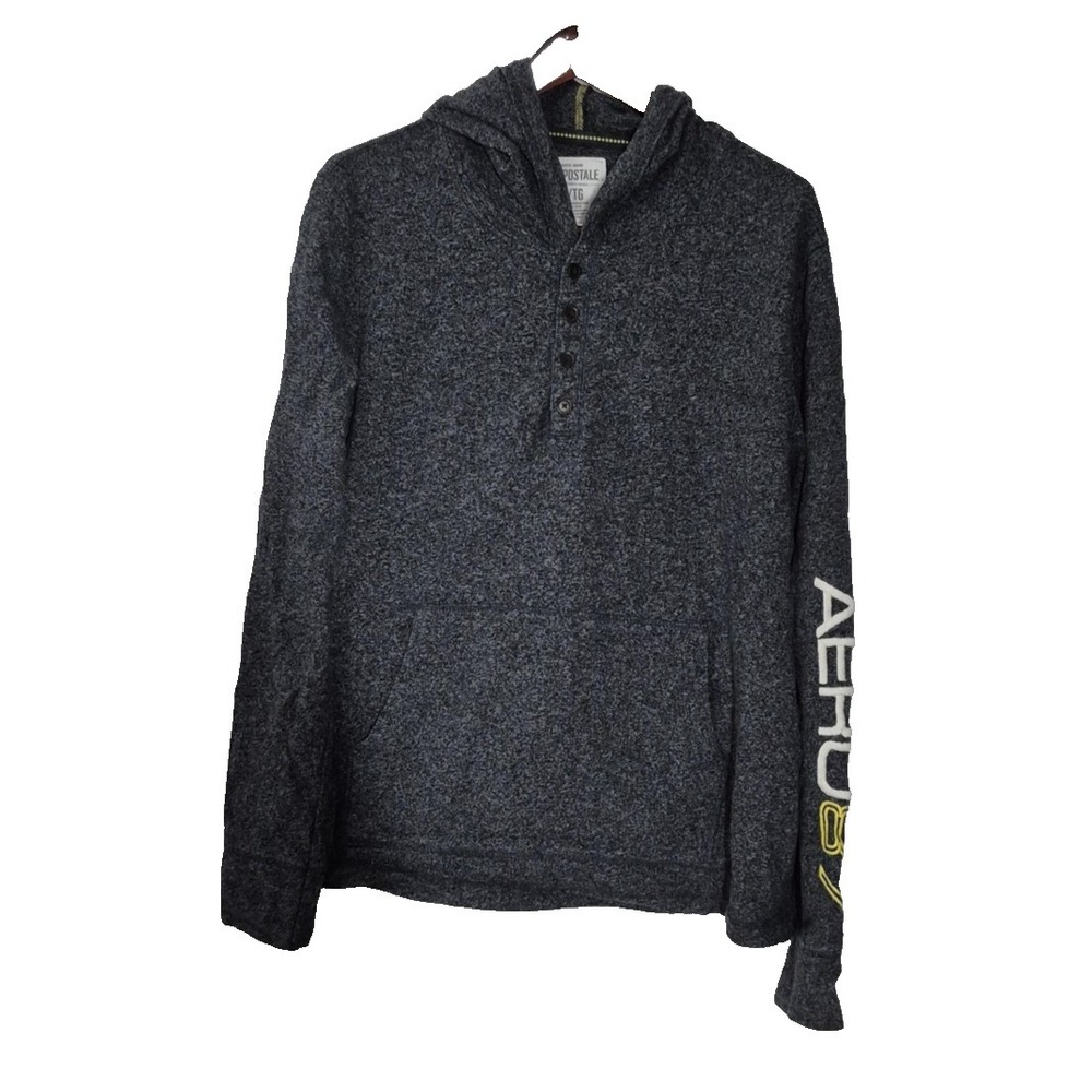 Aeropostale Hoodie Mens XL Gray Henley AERO 87 Graphic Knit Pullover Long Sleeve